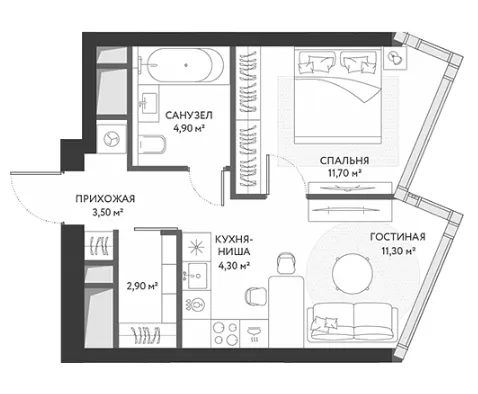 Планировка 2‑комнатной квартиры в ЖК hideOU с функциональным зонированием.