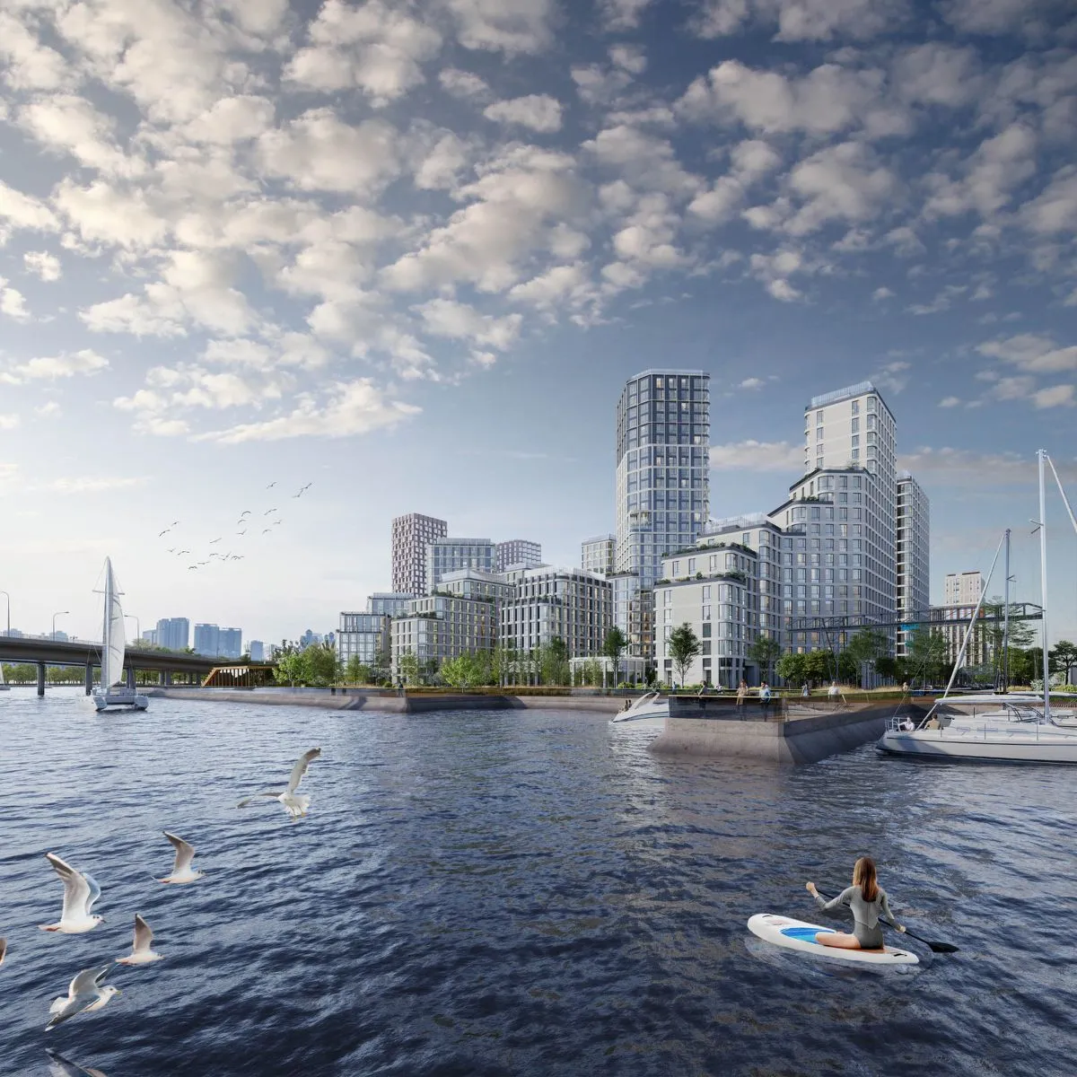 Набережная москва реки рядом с жк шагал прогулочные зоны и виды на воду