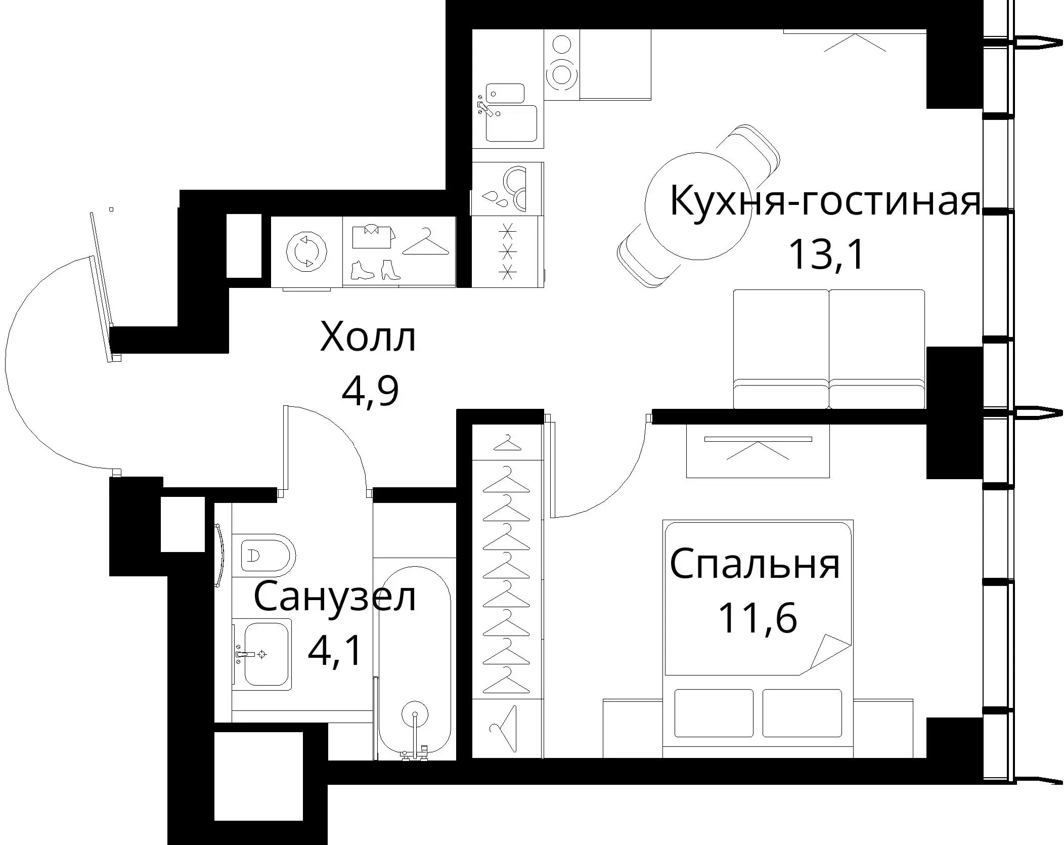 Однокомнатная квартира с панорамным остеклением и видам на воду