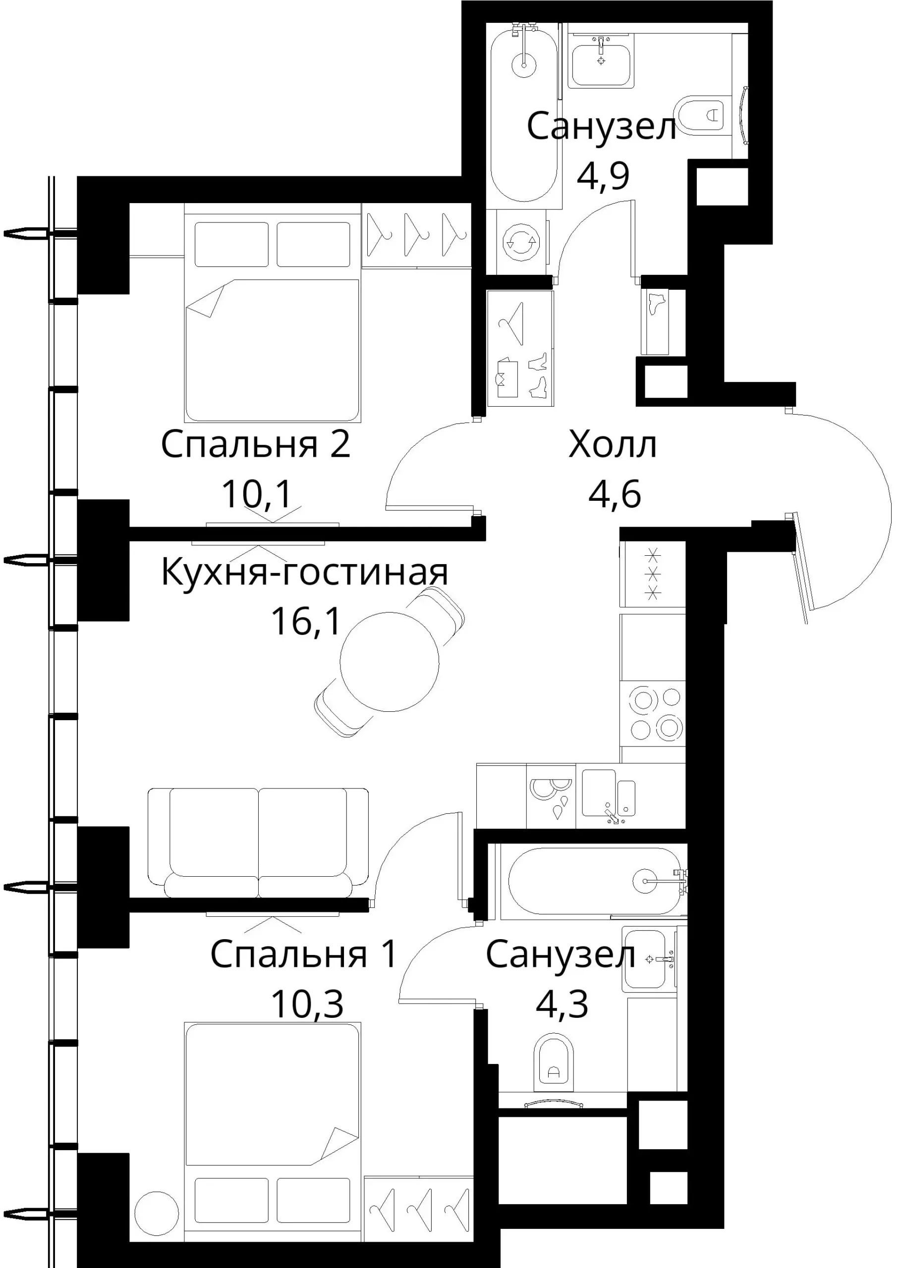 Двухкомнатная квартира с большой кухней-гостиной для семьи